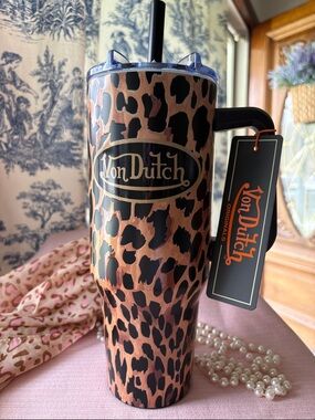 Von Dutch Leopard Print Travel Tumbler - Pink, Black & Gold Logo